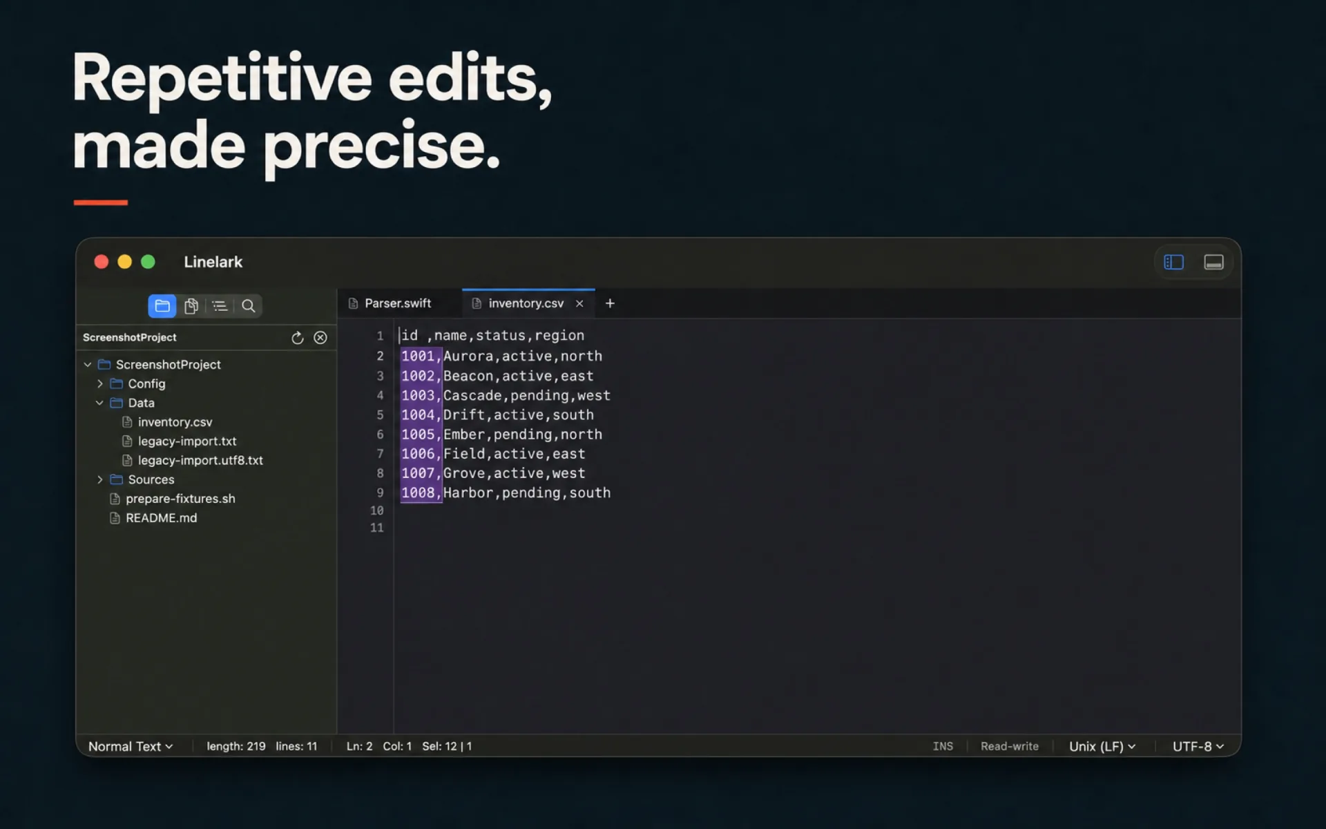 L’Editor di colonna di Linelark che applica una sequenza numerata a più righe