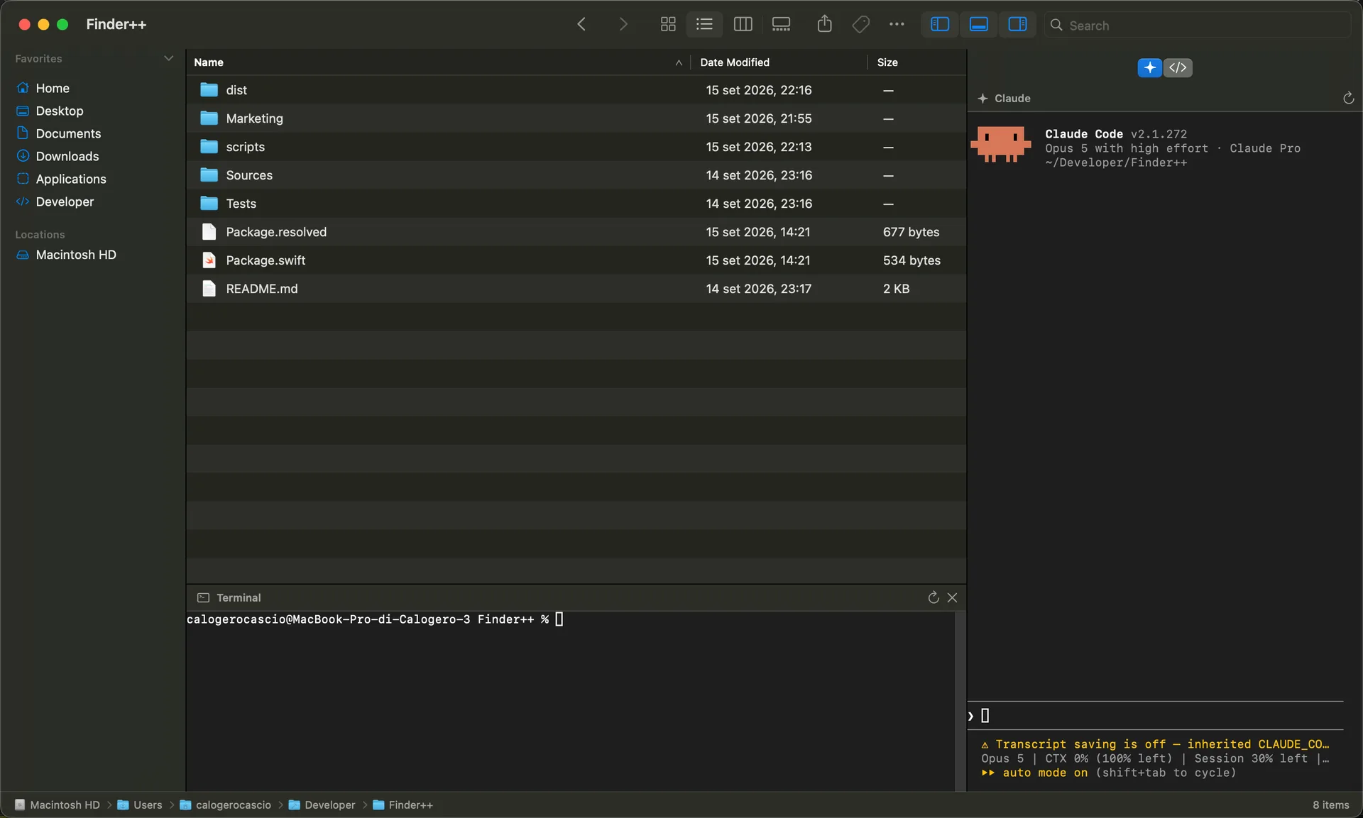 Linelark Finder++ browsing a project folder, with a shell open in that folder below the file list and Claude Code running in a panel on the right.