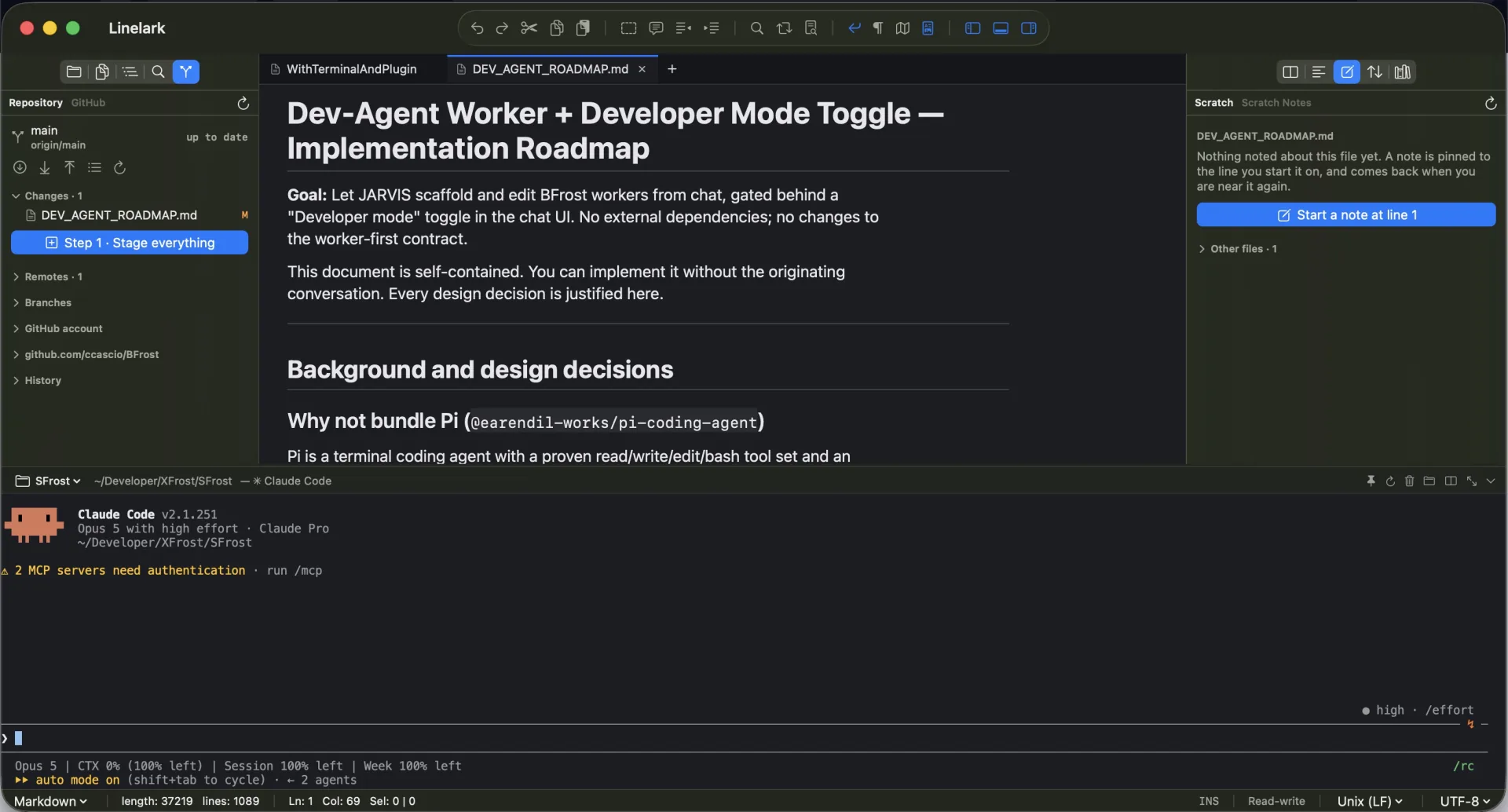 Linelark Studio con Git, un’anteprima Markdown, Scratch Notes e un terminale con un agente di codice in una sola finestra Mac nativa
